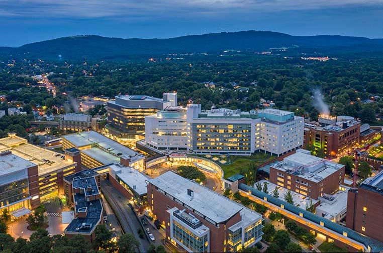 An aerial view of UVA Health medical center