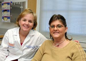 Dr. Christine Lau (left), a cardiothoracic surgeon at the University of Virginia Health System in Charlottesville, says she is pleased with the progress Ruth McCoy (right) has made since receiving her new transtracheal catheter in January