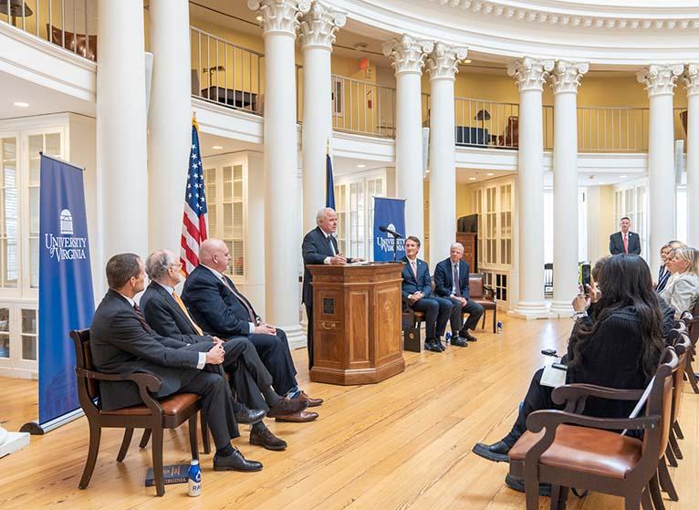 From left to right: UVA President James E. Ryan; Whittington Clement, rector of the University’s Board of Visitors; Del. Todd Gilbert, speaker of Virginia’s House of Delegates; Paul Manning, chairman and chief executive officer of PBM Capital; Gov. Glenn Youngkin; and K. Craig Kent, MD, chief executive officer of UVA Health and UVA’s executive vice president for health affairs