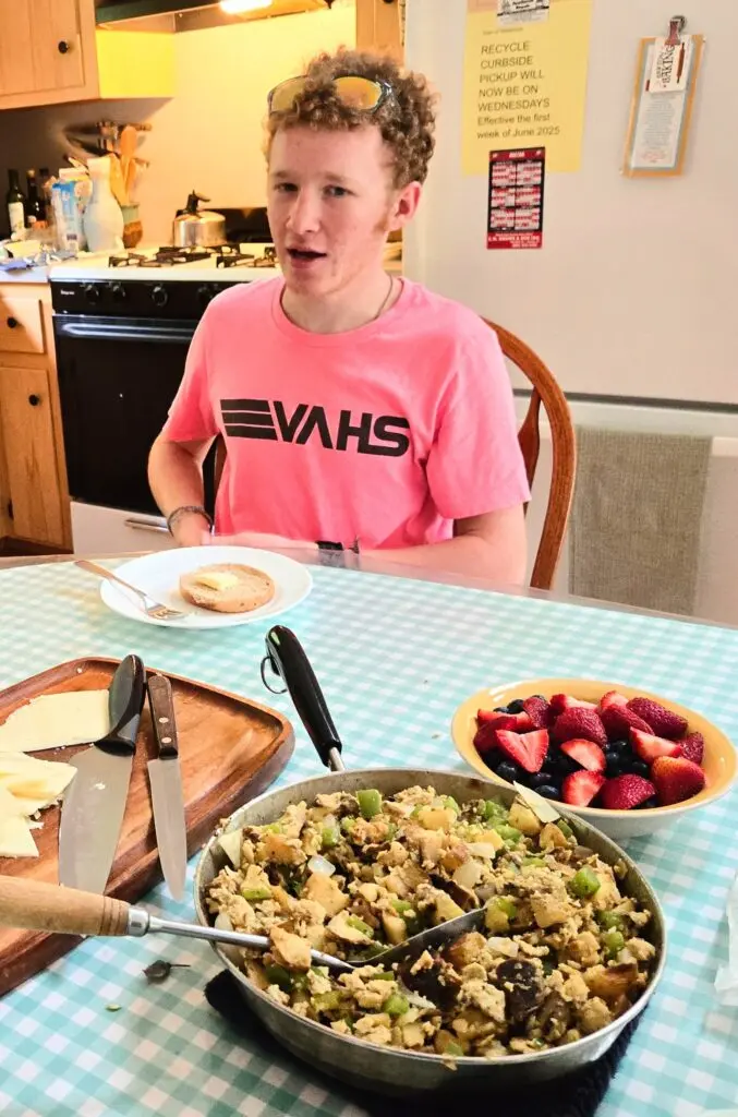 My son made breakfast hash out of leftovers, along with fruit and cheese. Teaching kids to make foods they like is good for so many reasons.