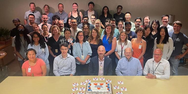 Meet our new Department of Genome Sciences. The department's chair, Charles Farber, PhD, is in the center of the front row (above the cake), while Stephen S. Rich, PhD, the founder of the center that gave rise to the department, is just to his left.